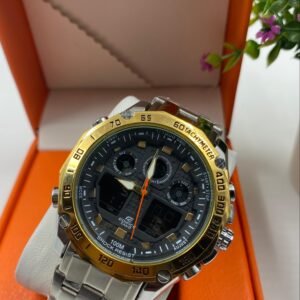EdiFace GShock Silver Strapped Black Face Gold Rim